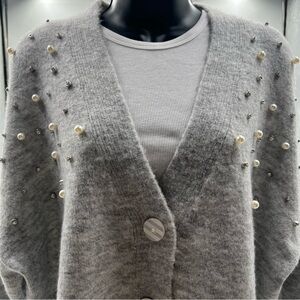 AVA & VIV boxy grey cropped cardigan SZ XXL. Rhinestone and pearl design